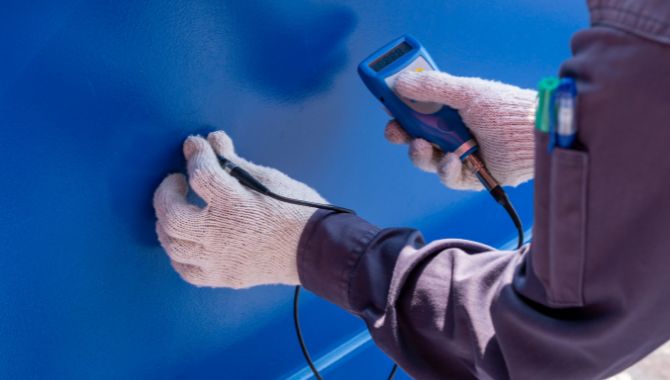 Engineer measuring thickness of metal beam. Man using coating thickness tester